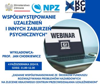 Ulotka informująca o webinarze o uzależnieniach