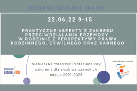 Plakat graficzny w języku polskim reklamujący bezpłatne szkolenie online w dniu 22 czerwca 2022 r. na temat praktycznych aspektów przeciwdziałania przemocy w rodzinie i uzależnienia od alkoholu, organizowane dla warszawskich służb. Zawiera logo i kolorowe kształty geometryczne.