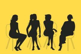 Cztery czarne sylwetki kobiet na żółtym tle