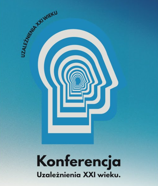 Grafika przedstawiająca profil ludzkiej głowy, w którym widnieje szereg mniejszych profili w nieskończonym tunelu, wraz z napisem „Konferencja Uzależnienia XXI wieku”.