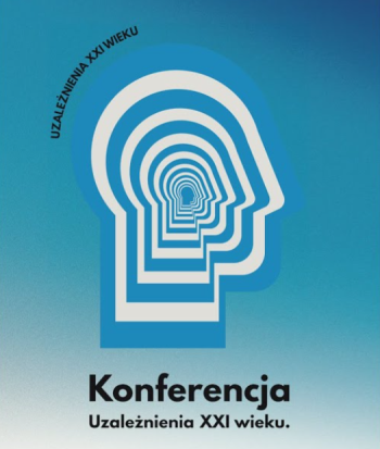 Grafika przedstawiająca profil ludzkiej głowy, w którym widnieje szereg mniejszych profili w nieskończonym tunelu, wraz z napisem „Konferencja Uzależnienia XXI wieku”.